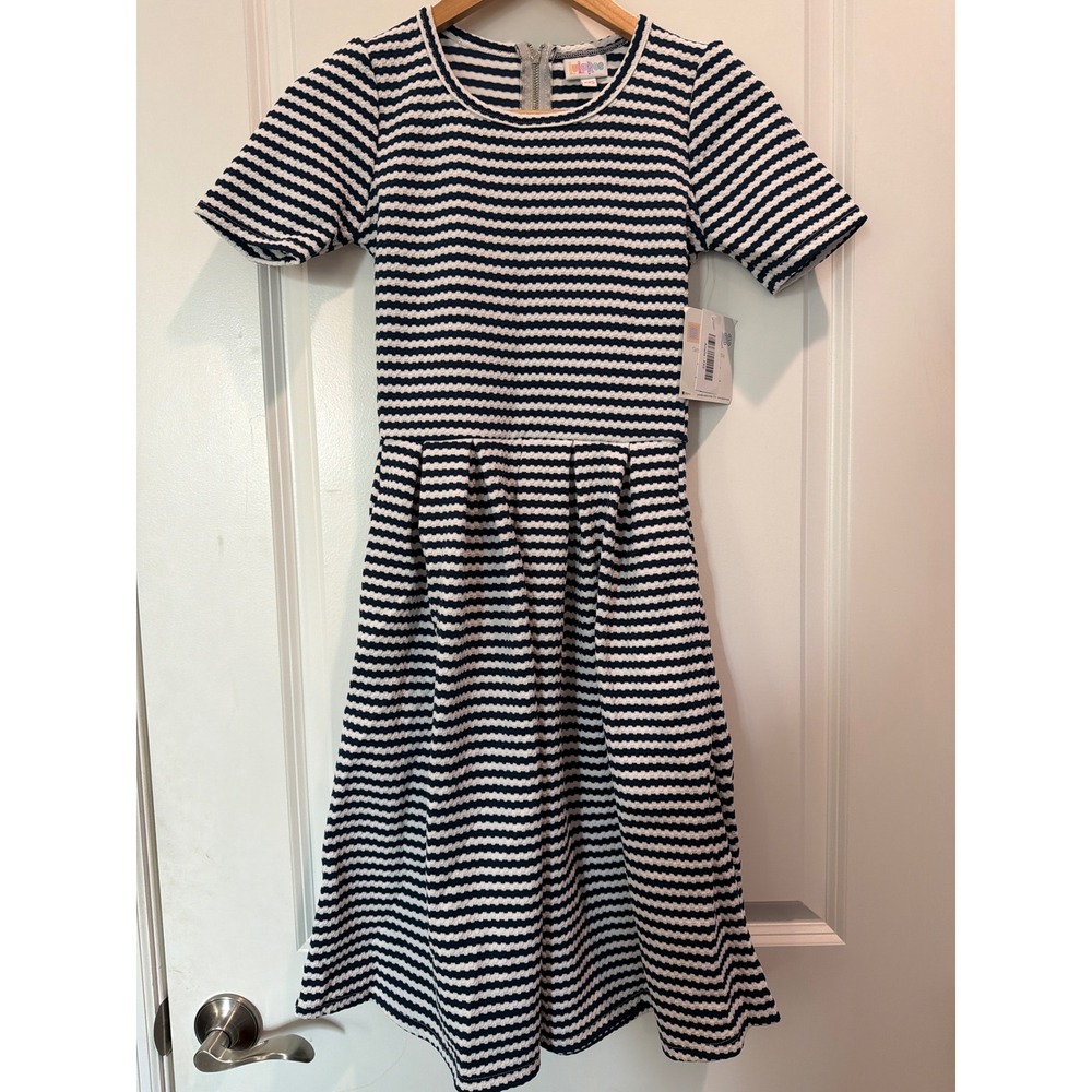 LuLaRoe Amelia Dress XXS Navy White Striped Short Sleeve Pleated Zipper Back